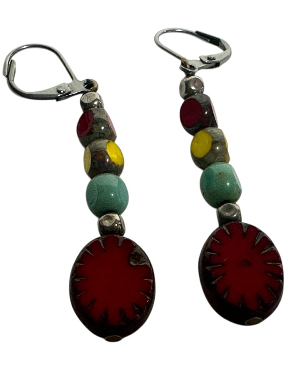 Colorful Artisan Drop Earrings Czech Glass Boho Hippie Leverback